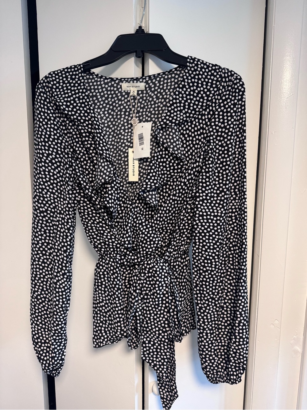 Wrap-Front Polka Dot Blouse - Black/White
